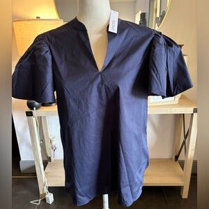 Chico’s Navy Blue Flutter Sleeve Blouse Women Size 0.5 Short Sleeve V-Neck NWT